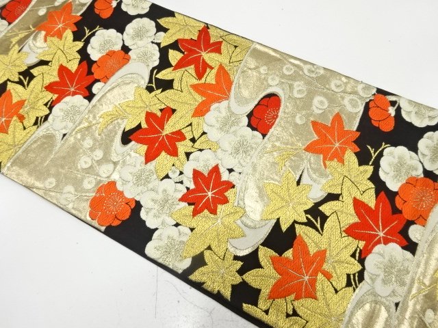 アンティーク　霞に梅・楓模様織り出し袋帯（着用可）